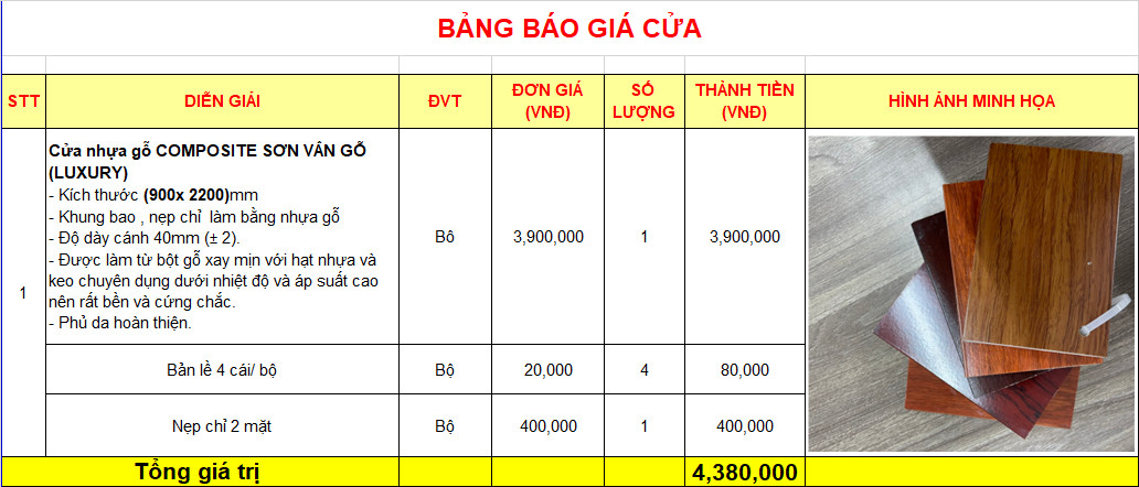 Bảng giá cửa nhựa composite sơn vân gỗ (Luxury) áp dụng dày tường 90mm-115mm Cửa nhựa composite