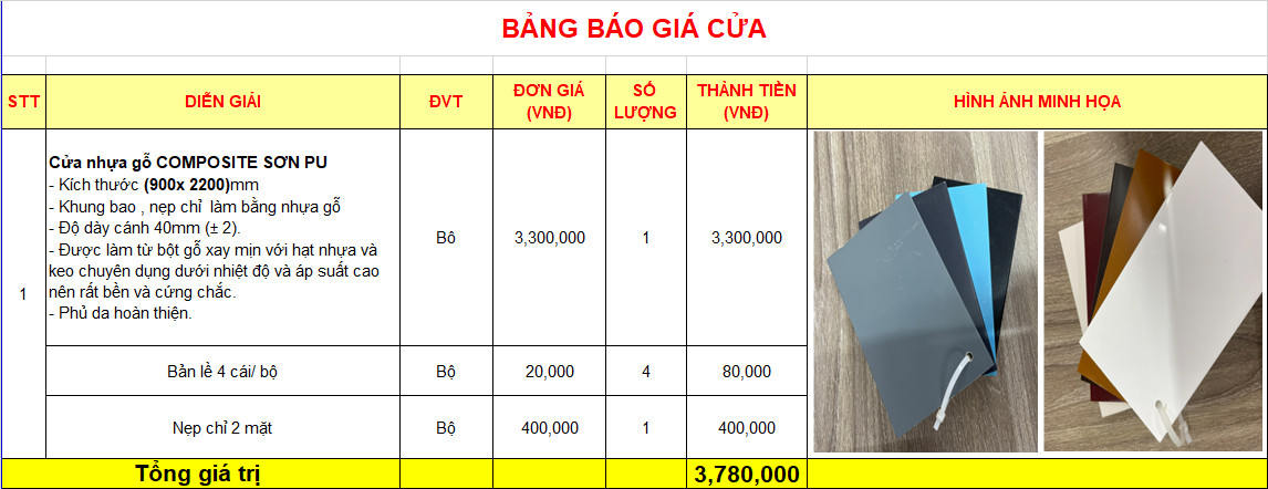 Bảng giá cửa nhựa composite sơn PU áp dụng dày tường 90mm-115mm Cửa nhựa composite