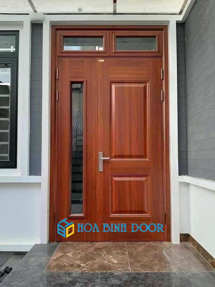 Mẫu cửa thép vân gỗ 2 cánh lệch